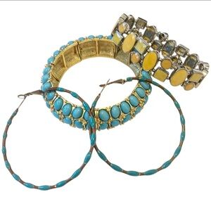 FASHION JEWELRY BUNDLE SET BLUE BRACELET HOOP EARRINGS YELLOW BRACELET